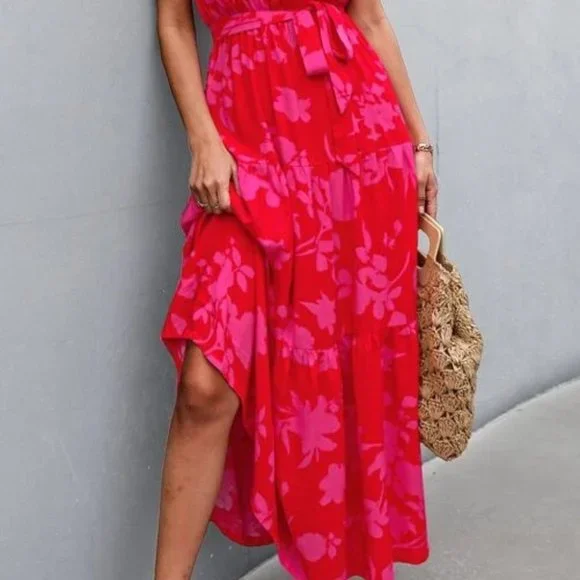 red pink floral print belted halter maxi dress - Boho - Picture 8 of 11